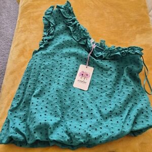 entro Teal Eyelet Ruffle Tank Top